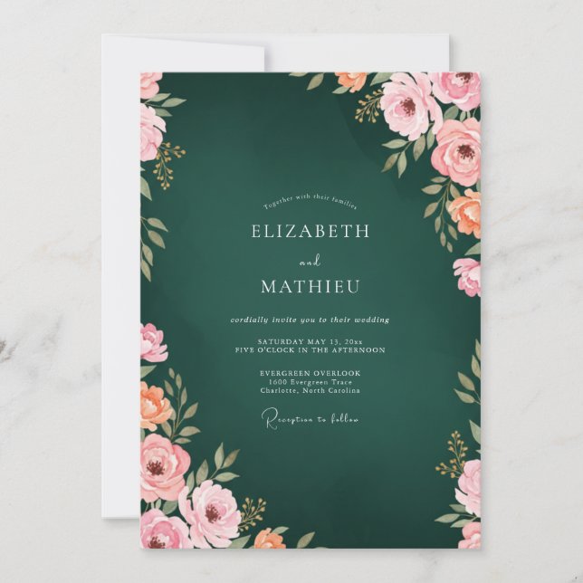Deep Hunter Coral Ranunculus Eucalyptus Wedding Invitation (Front)