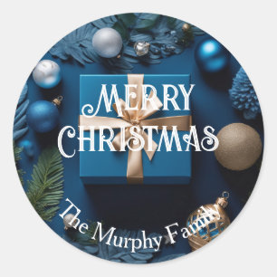 Deep Ice Blue and Gold Wrapped Christmas Gifts Classic Round Sticker