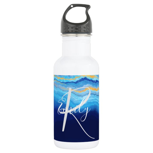 Deep Indigo Agate Marble Abstract Name Monogram Co 532 Ml Water Bottle (Front)