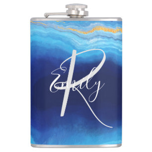 Deep Indigo Agate Marble Abstract Name Monogram Co Hip Flask