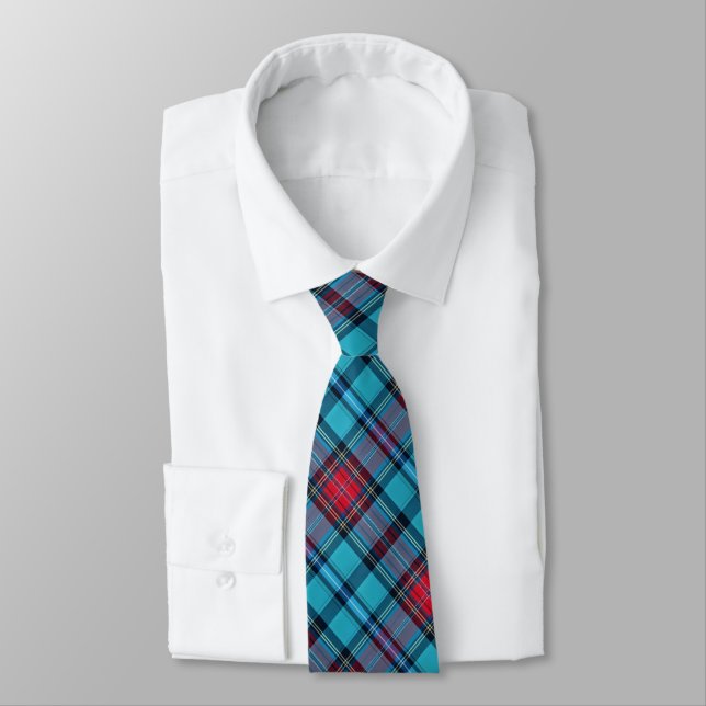 Deep Indigo, Aqua, Red & Shades of Blue Plaid Tie (Tied)