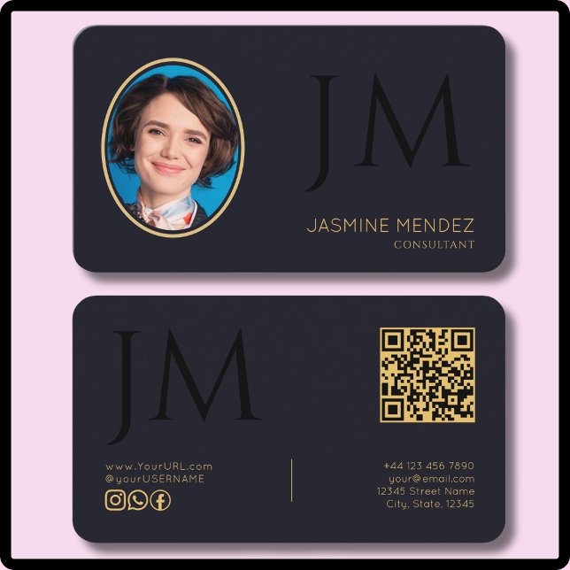 Deep Indigo Black Gold Photo Monogram QR Code Business Card (Creator Uploaded)