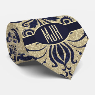 Deep Indigo Blue Swirls and Taupe Damask Monogram Tie