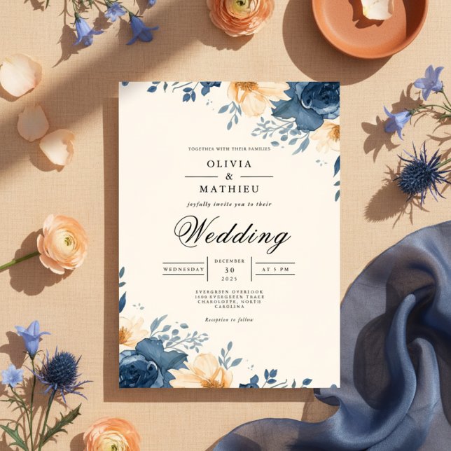 Deep Indigo Floral Accent Wedding Invitation (Creator Uploaded)