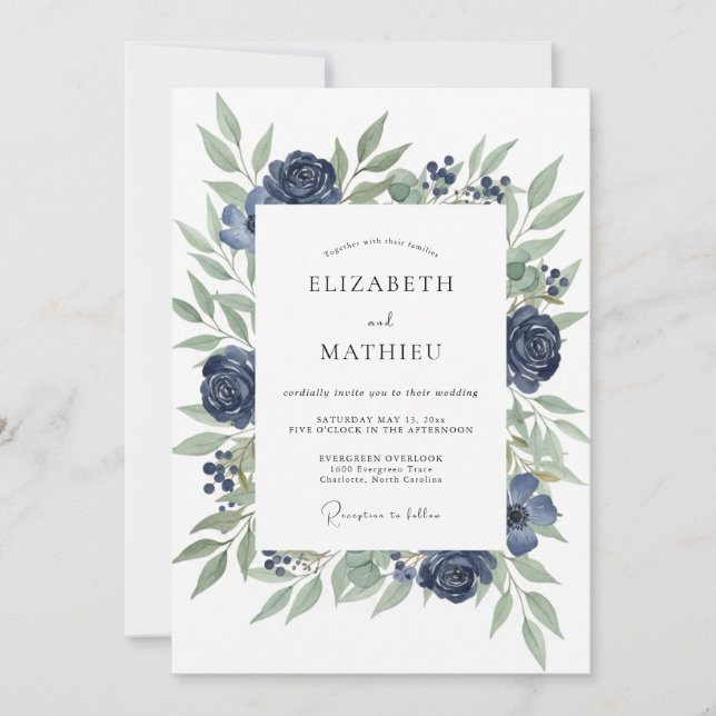 Deep Indigo Rose Wedding Invitation (Front)