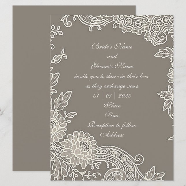 Deep Khaki Grey with Floral Scroll Wedding  Invitation (Front/Back)