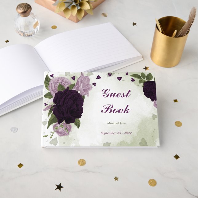 deep & light purple flowers greenery guest book (Front Open)