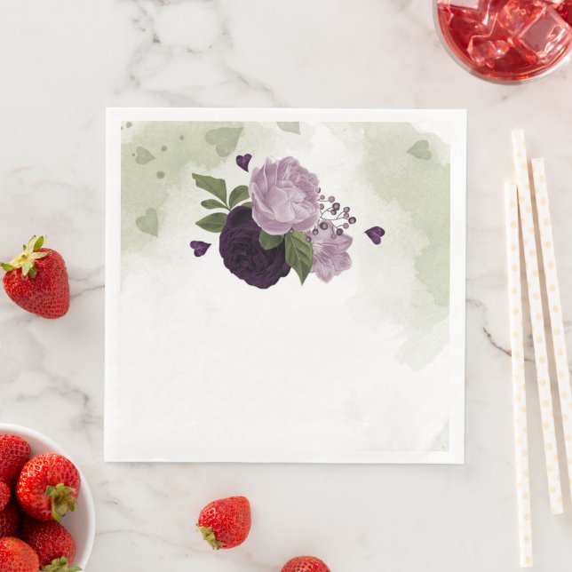 Deep & light purple flowers greenery napkin (Insitu)