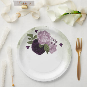 Deep & light purple flowers greenery paper plate