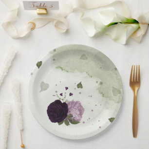 Deep & light purple flowers greenery paper plate