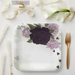 Deep & light purple flowers greenery paper plate
