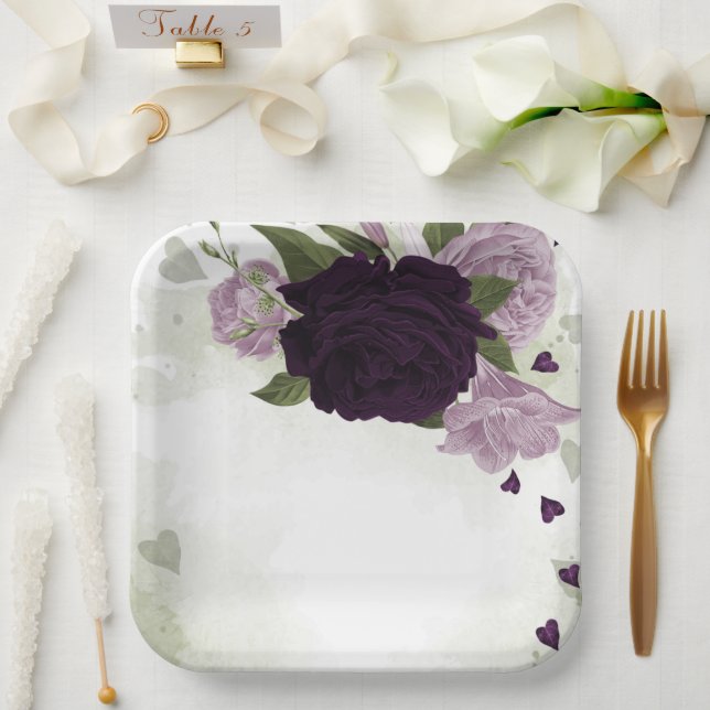 Deep & light purple flowers greenery paper plate (Wedding)