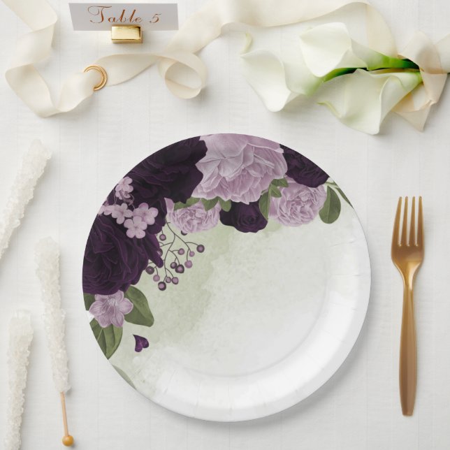 Deep & light purple flowers greenery paper plate (Wedding)
