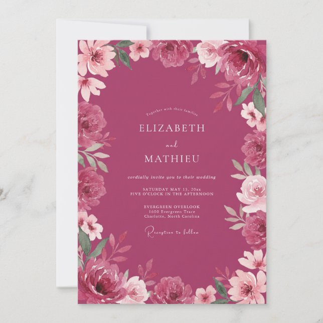 Deep Magenta Petal Wedding Invitation (Front)