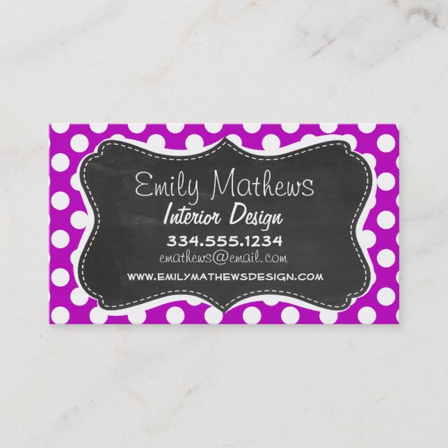 Deep Magenta Polka Dots; Chalkboard look Business Card (Front)