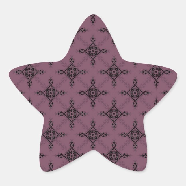 Deep Mauve and Black Damask Pattern Star Sticker (Front)