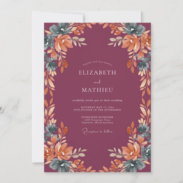 Deep Mauve Copper Leafy Wedding Invitation (Front)
