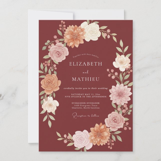 Deep Merlot Painted Leaf Wedding Invitation (Front)