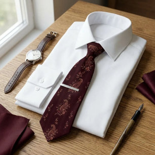 Deep Merlot Rose Botanical Paisley Floral Tie