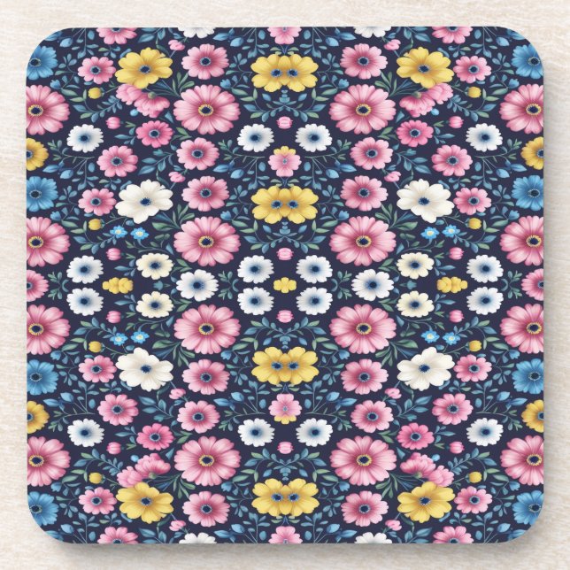Deep Midnight Floral Garden Pattern Sherpa Blanket Coaster (Front)