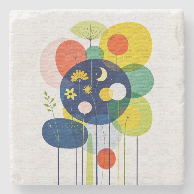 Deep Moody Botanical Whimsical Geometric Folk Art Stone Coaster (Front)