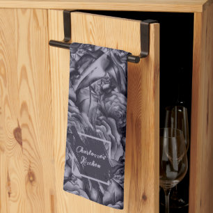 Deep moody navy blue floral tea towel