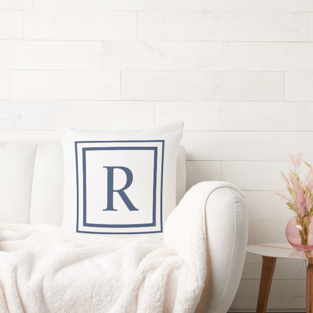 Deep Navy And White Square Border Monogram  Cushion (Couch)
