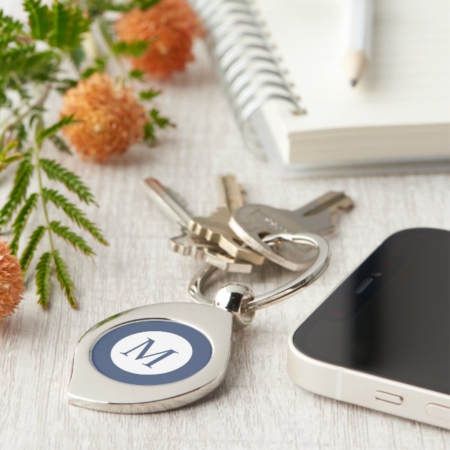 Deep Navy And White Square Border Monogram  Key Ring (Side)