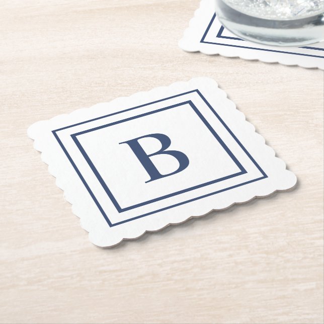 Deep Navy And White Square Border Monogram  Paper Coaster (Angled)
