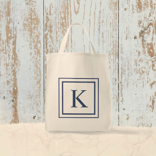 Deep Navy And White Square Border Monogram  Tote Bag