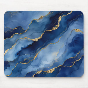 Deep Navy Blue and Gold Alcohol Ink Agate Textur Mouse Pad