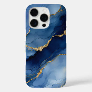 Deep Navy Blue and Gold Alcohol Ink Agate Texture iPhone 16 Pro Case