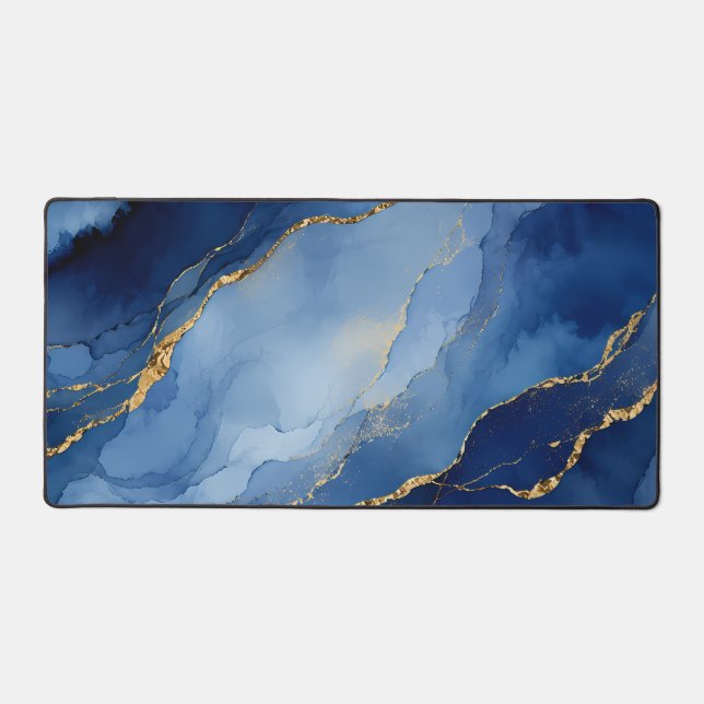 Deep Navy Blue and Gold Alcohol Ink Agate Texture Desk Mat (Front)