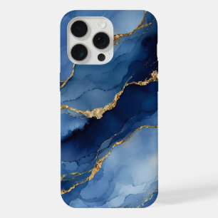 Deep Navy Blue and Gold Alcohol Ink Agate Texture iPhone 15 Pro Max Case