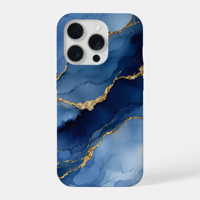 Deep Navy Blue and Gold Alcohol Ink Agate Texture  iPhone Case (Back)