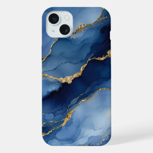 Deep Navy Blue and Gold Alcohol Ink Agate Texture iPhone 15 Plus Case