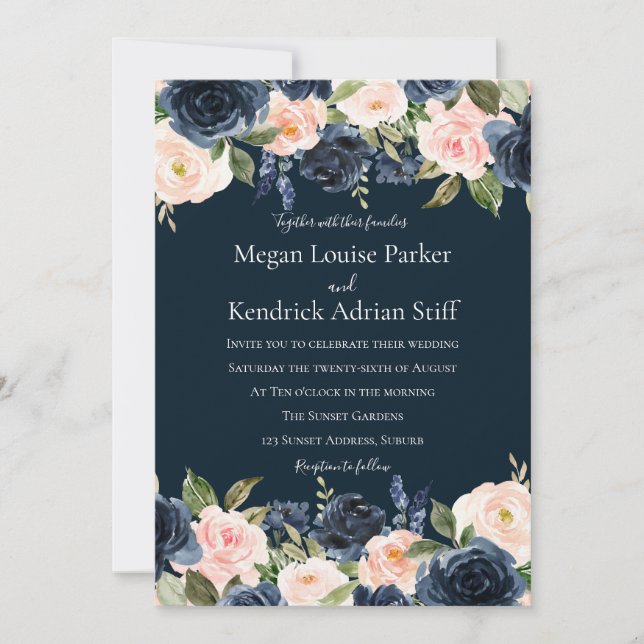 Deep Navy Blue Blush Botanical Wedding Invitation (Front)