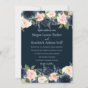 Deep Navy Blue Blush Botanical Wedding Invitation