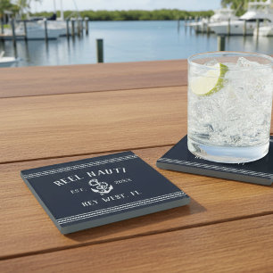 Deep Navy Blue Rustic Anchor Boat Name Glass Coaster