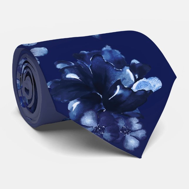 Deep Navy Blue Watercolor Floral Wedding Tie (Rolled)