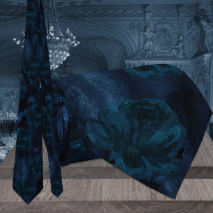 Deep Navy Blue Watercolor Peonies Wedding Tie