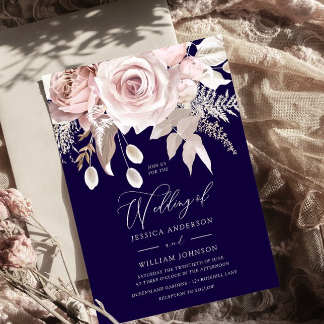 Deep Navy & Blush Designer Dusty Rose Wedding Invitation (Creator Uploaded)