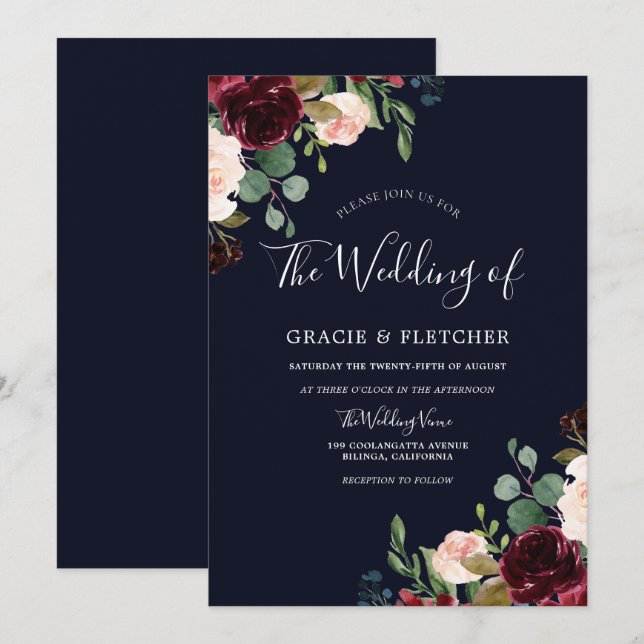 Deep Navy Burgundy Botanical Blush Floral Wedding Invitation (Front/Back)