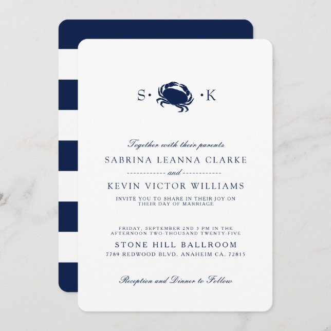 Deep Navy Crab | Blue Stripes Wedding Invitation (Front/Back)