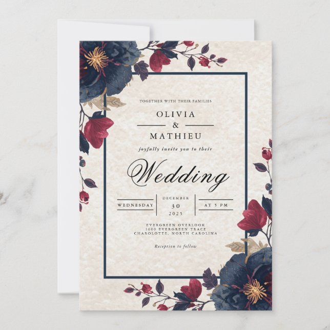 Deep Navy Floral Romance Wedding Invitation (Front)