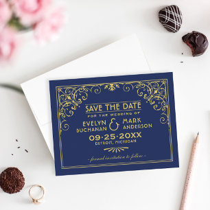 Deep Navy Gold Art Deco Frame Wedding Save The Date