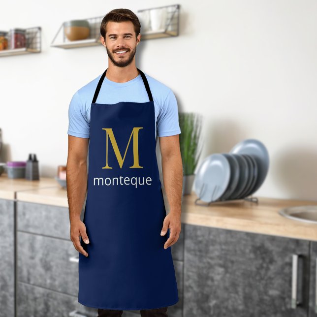 Deep Navy Gold Monogram Personalised Name Luxury  Apron (Creator Uploaded)