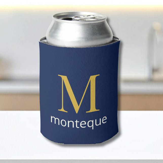 Deep Navy Gold Monogram Personalised Name Luxury  Can Cooler (Creator Uploaded)