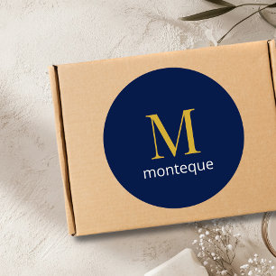 Deep Navy Gold Monogram Personalised Name Luxury Classic Round Sticker