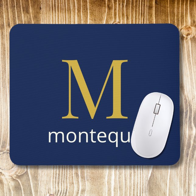 Deep Navy Gold Monogram Personalised Name Luxury  Mouse Pad (Creator Uploaded)